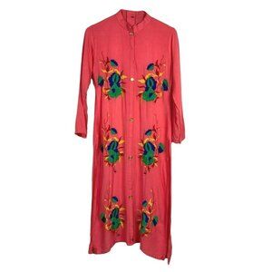 Embroidered Coral Kurta Tunic Shirt Dress 38 Small Flowers Boho Festival